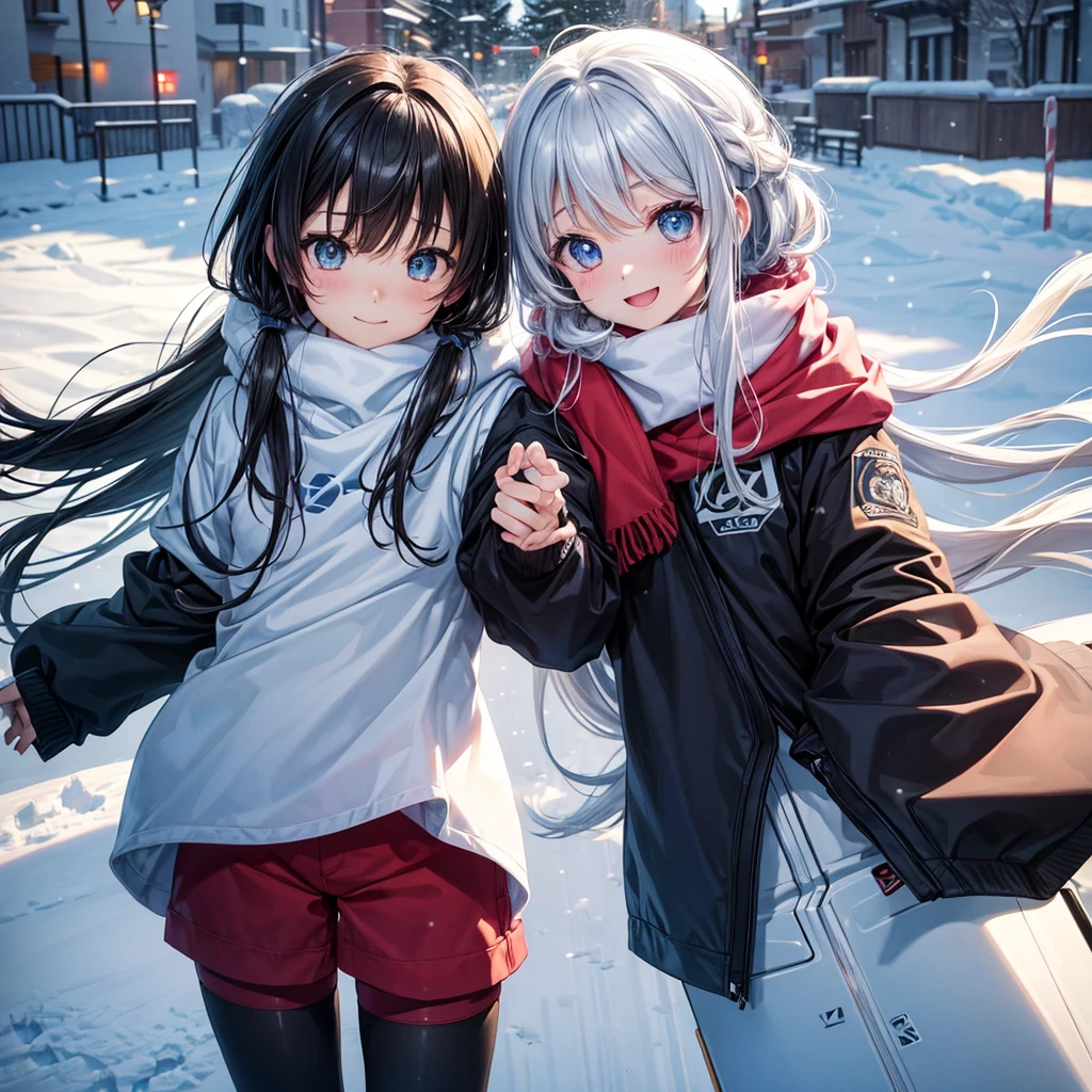 anime, Tabletop, Highest quality, 8k_wallpaper, (Beautiful Eyes), ((Snow is piling up)), cute, (Gray top and bottoms),One Girl,small ,1 female student、smile、Brown bob hair、(((Snow as far as the eye can see)))、Ski resort on a sunny day、snow board、(((snow boardを手に持っている)))、