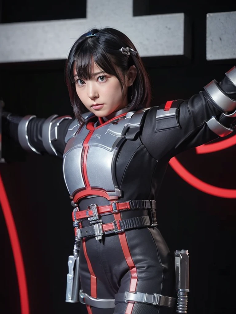 masterpiece, Highest quality, Very detailed, Japanese Android girl, Beautiful 2 Japanese woman, Plump,Slightly thicker,Control panel,Android,cyborg,Blunt bangs,black and red bodysuit,Thick harness belt,((Crucifixion))，torture，slave，((クロスにCrucifixionにされた女性：1.5)),Crucifixion刑, Type X,