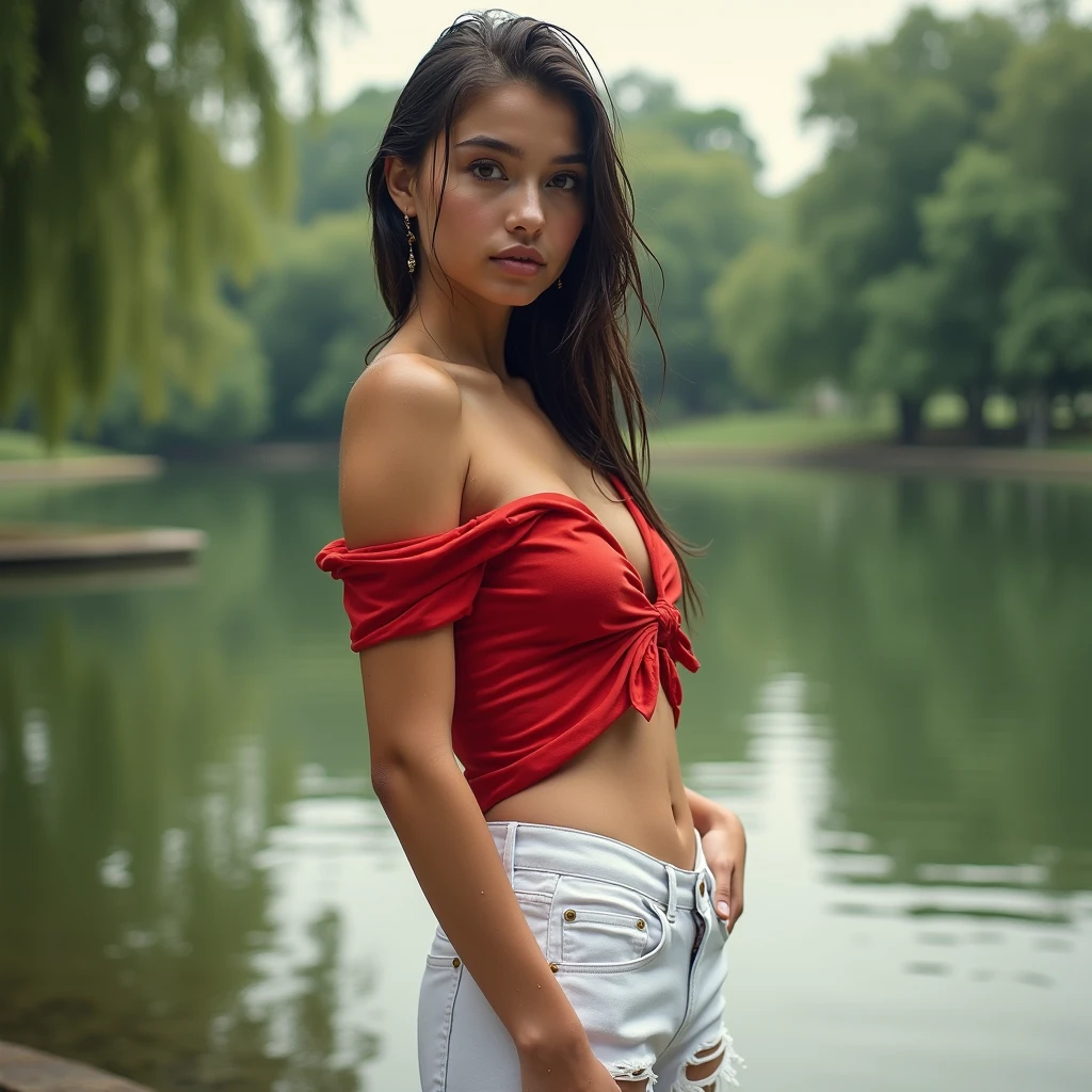 Filipina beauty, in highway, wearing Micro red Bikini, exposed breast, pinky nipples, best quality picture