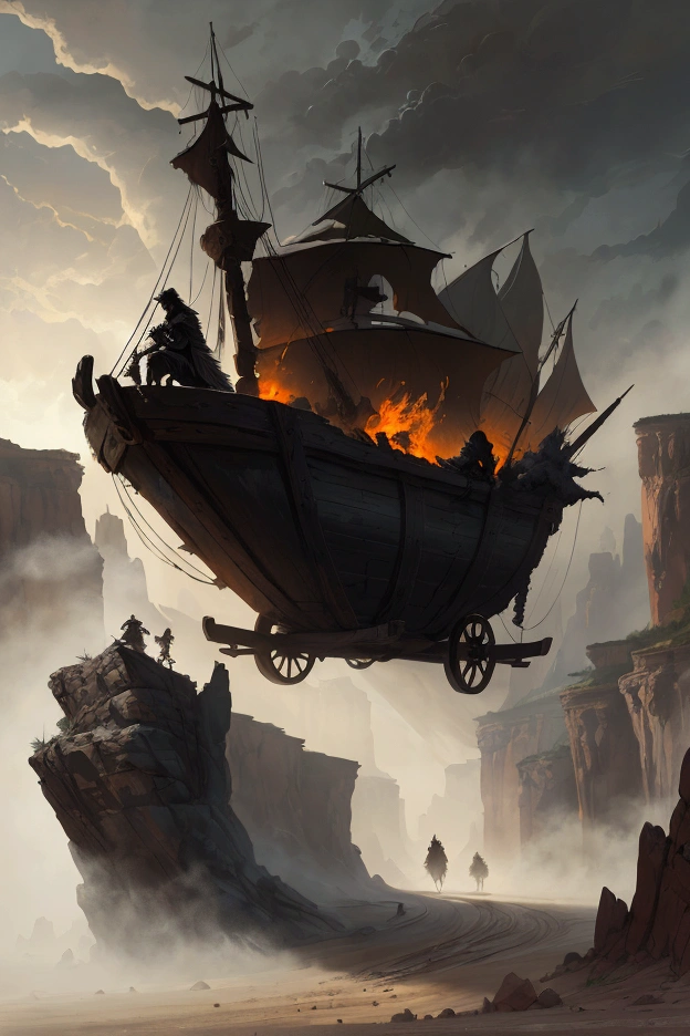 A dynamic concept art colored sketch of a medieval action scene, featuring a wagon speeding through a narrow gorge in a vast desert. The wagon's wooden wheels kick up clouds of dust as it races along the rugged terrain. The gorge is flanked by towering, jagged cliffs, casting long shadows over the scene. The atmosphere is tense and dramatic, with a sense of urgency and danger. The overall style is reminiscent of dark fantasy, with a gritty, textured look and muted, earthy colors. Dark Souls-inspired, high contrast, dramatic lighting, rough brush strokes, sketchy lines, intense motion, epic scale.