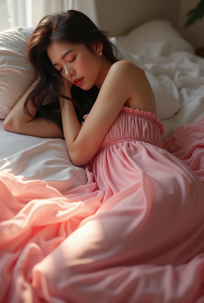 (photorealism:1.2), brunette woman in a bed, on her stomack, with a pink long dress show under her feet