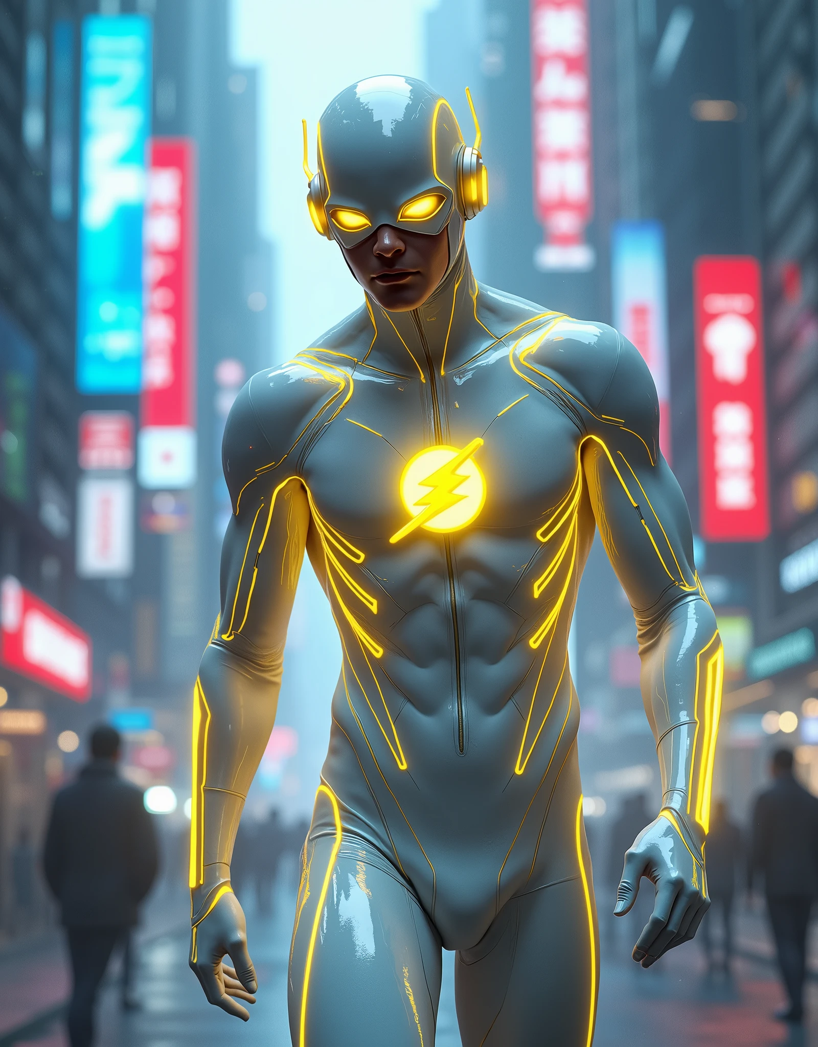 Dc universe flash superhero white glossy futuristic suit with neon yellow lights in suit cyberpunk neon city