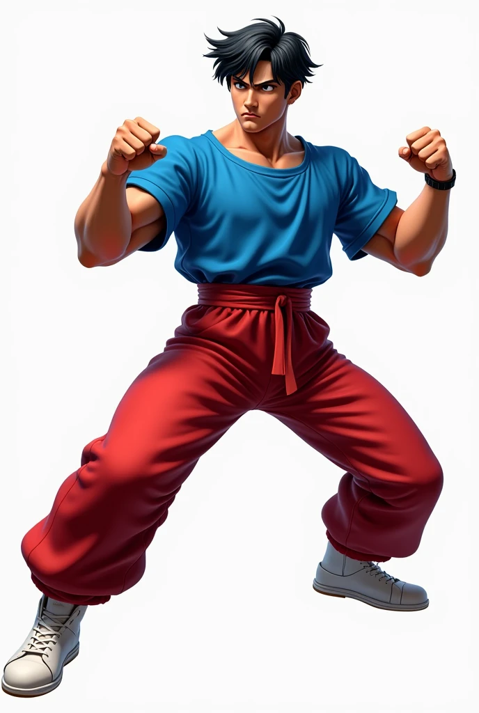 a man with a blue blouse, red pants, white shoes, in a fighting pose, black hair (realistic)