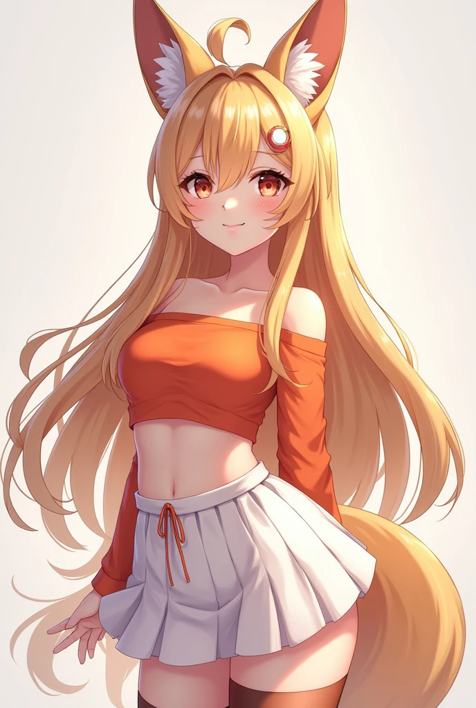 Beautiful Vtuber girl long hair smiley face with a fox ear wearing an beautiful orange crop top, white short skirt and stocking. no background. No shadow