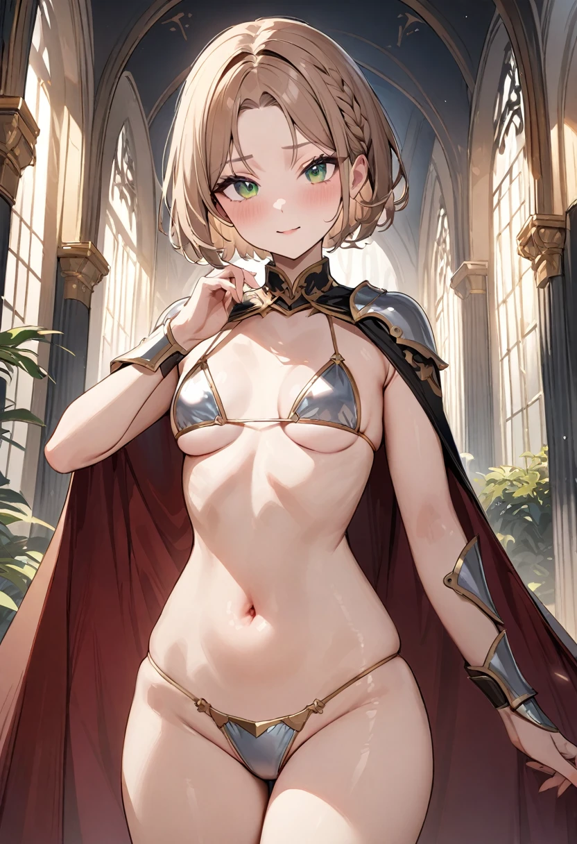 (masterpiece, top quality, very aesthetic, 4k、illustration), ()、intricate detail, 1woman,solo,contrapposto 、(gradient eyes、tareme)、、very short hair、parted bangs,Fair skin,(cowboy shot)、beautiful women、clear face、、(micro bikini armor),beautiful face、(gradient hair)、(braid light brown hair)、sidelock ,,green eyes、Warrior　、bikini armor、small breasts、slender 、Abd、Cape