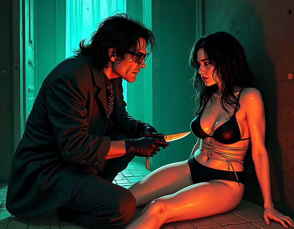 Giallo thriller, killer, an ugly bent over nerdy man, with black gloves, round glasses, knife, tied up girl, black underwear, stockings, in basement of horrors, (lurid vivid colors, cinematic and volumetric lighting, Technicolor, blue and orange tint, diffused green back lighting, intricate details, Fumetti comic books style, pen and ink, Metal Hurlant aesthetic, best quality, masterpiece, HD, 8X, good hands, good bodies, attention to detail, retro illustration style, classic European horror movie style, Dario Argento, Sergio Martino, Jess Franco, Mario Bava, NSFW)