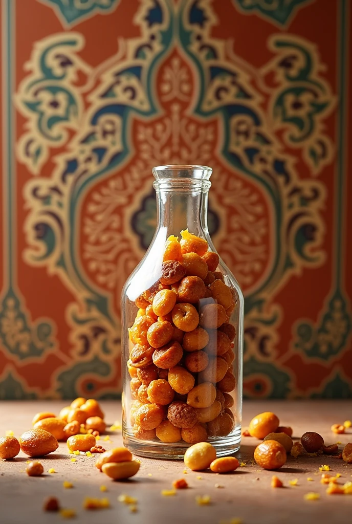 Mixed colourfull Honey Nuts in bottle photo with Islamic background 