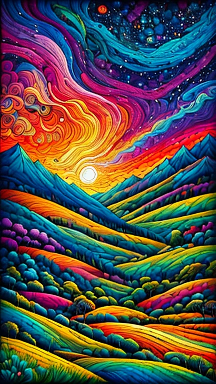 a painting of a colorful landscape with a tree and mountains, colorful landscape painting, psychedelic landscape, vibrant oil painting, vivid abstract landscape, color field painting. 8k, extraordinary colorful landscape, detailed impasto, colorful oil painting, psychedelic sky, mountains and colorful sunset!!, painted landscape, colorful sky, mythical floral hills, sunset psychedelic, colorful sunset, large colorful images