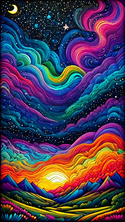 a painting of a colorful landscape with a tree and mountains, colorful landscape painting, psychedelic landscape, vibrant oil painting, vivid abstract landscape, color field painting. 8k, extraordinary colorful landscape, detailed impasto, colorful oil painting, psychedelic sky, mountains and colorful sunset!!, painted landscape, colorful sky, mythical floral hills, sunset psychedelic, colorful sunset, large colorful images