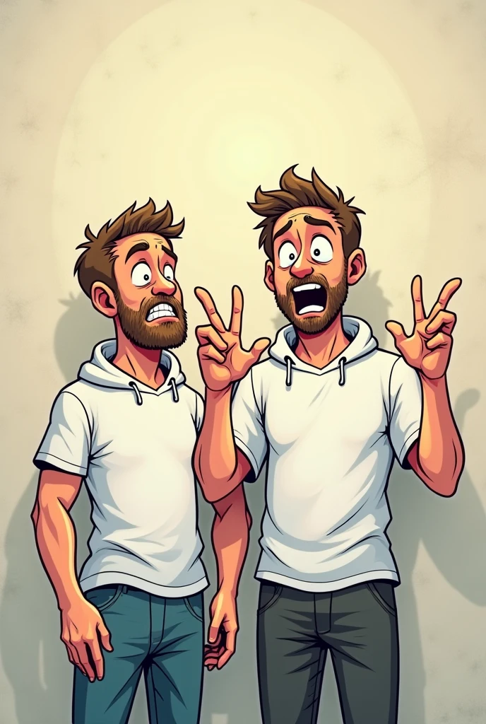 create a comic image Two men in white t-shirts, one vomiting with a concerned expression, sitting next to another man making rock hand signs, both wearing hoodies. The background is a plain, textured wall