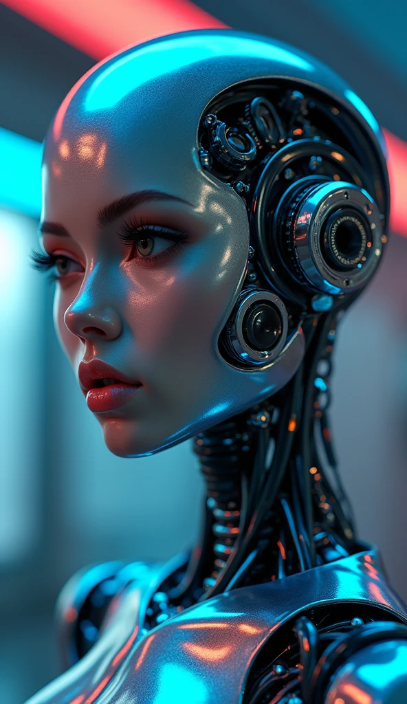 full body, a sexy female robot, shiny metallic body, shiny blue circuitry, beautiful detailed eyes, beautiful detailed lips, extremely detailed face and skin, long eyelashes, seductive pose, intricate mechanical details, futuristic sci-fi setting, dramatic lighting, cinematic composition, (best quality, 4k, 8k, high resolution, masterpiece: 1.2), ultra-detailed, (realistic, photorealistic, photo-realistic: 1.37), highly detailed lighting, cinematic and dramatic , vibrant neon colors,