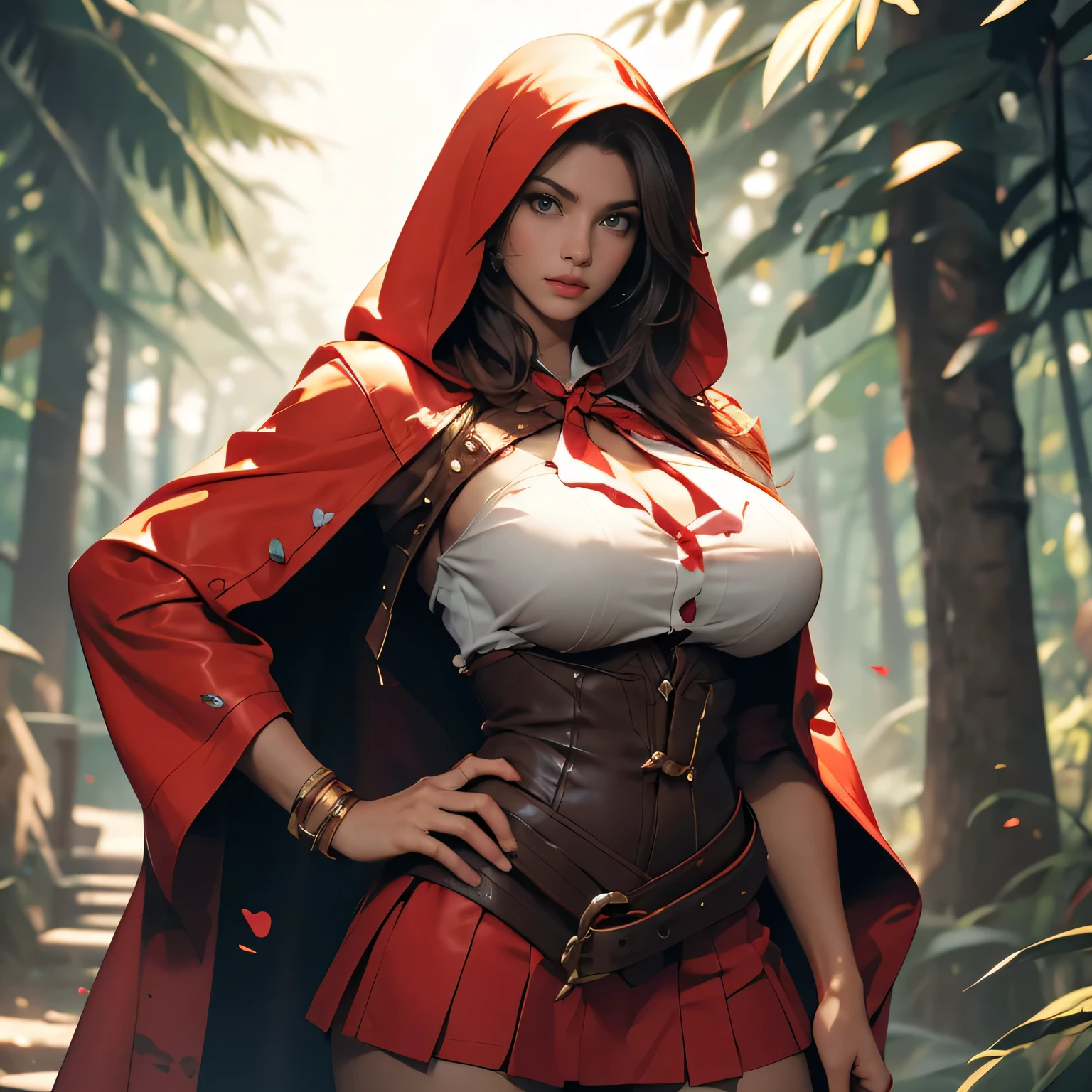 Red Riding Hood and the Big Bad Wolf, big breasts, frontal, full-length, looking at the camera, facing the audience, standing pose, cottage background, three-dimensional light, detailed full-body concept, sleek digital concept art, beautiful full-body concept art, art trend, CGsociety full-length,