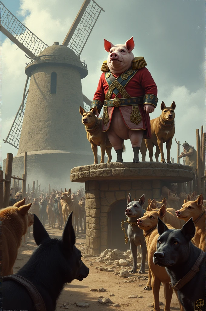 It is that of a pig (Napoleon) standing on a platform, surrounded by ferocious dogs, while the other animals look at him with looks of confusion and fear. In the background, You can see a windmill under construction, with some animals working hard, but with expressions of exhaustion and disappointment.