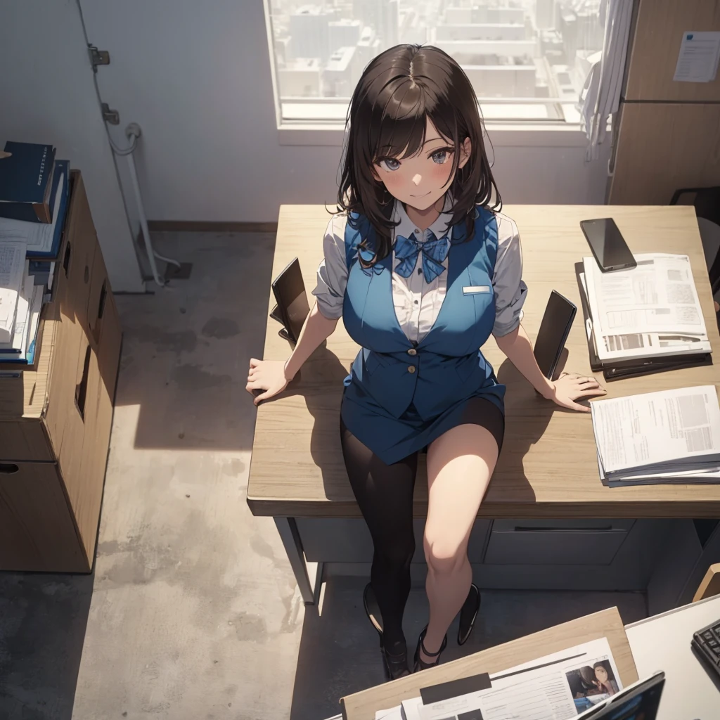 1lady solo, sitting, (from above), office worker, ((blue vest) over white dress shirt), mature female, /(dark brown hair/), kind smile, (masterpiece best quality:1.2) delicate illustration ultra-detailed, large breasts,bowtie BREAK (modern office) indoors, (reception desk), entrance, detailed background