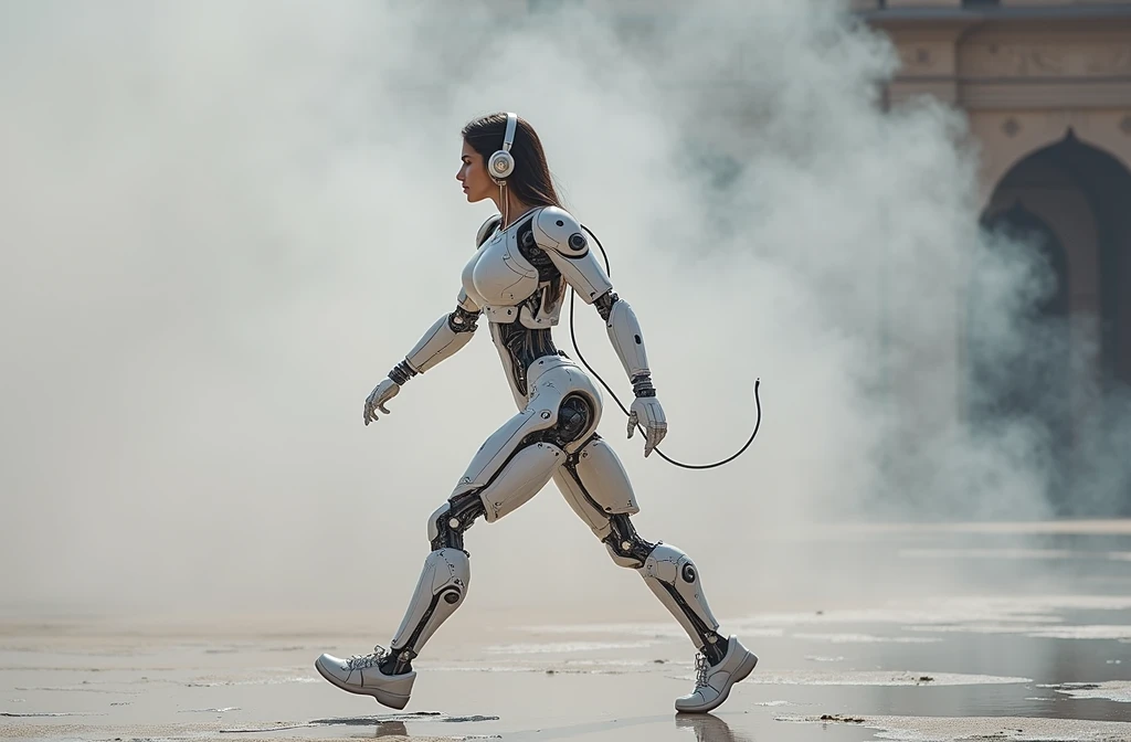 A photoreal crystal clear film still of a beautiful indian woman, she is a biomechanical complex robot, she has a headphone She is built for combat but still cute. Each joint, cable, and piston is meticulously detailed, emphasizing her raw power and emotion A subtle mist surrounds the figure, catching the light and adding an air of mystery and danger.