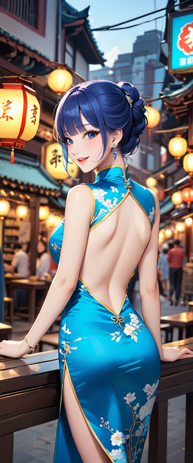 Miss,1,City,(((Silk cheongsam))),,Open mouth smile((Blue Hair)),blush、,((Look back))()Reflecting the buttocks