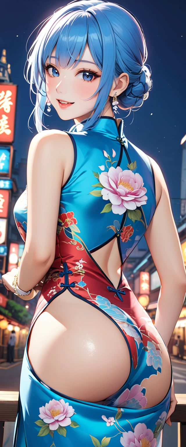 Miss,1,City,(((Silk cheongsam))),,Open mouth smile((Blue Hair)),blush、,((Look back))()Reflecting the buttocks