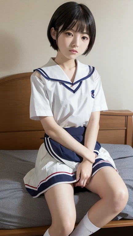 Hotel Sitting on the bed Urban twilight Japanese women Middle school students Slender body、Summer clothes、Short sleeves with collar、Sailor suit、紺色mini skirt boyish、Red ribbon on chest、Shortcuts、Sports Bags Black Loafers White socks ,mini skirt short hair