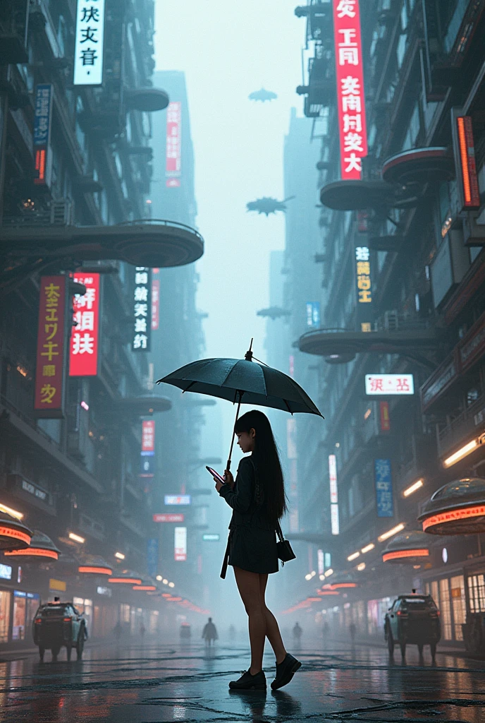 Cyberpunk,fly city,l,hold umbrella girl ,sence,3d,stand middle of city,look on screen 