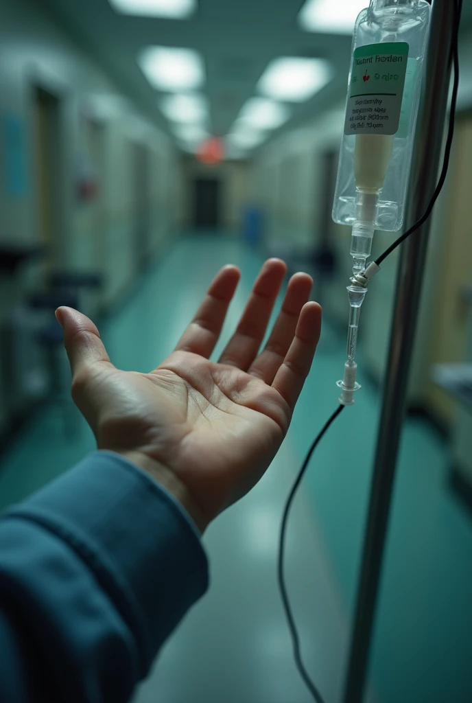 Make a point of view picture of a girl's hand that has a dextrose. She admitted because of low blood pleasure and a flu. Just make it sure the point of view is from a girl, and show only in the picture that her hand has a dextrose