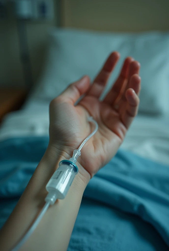 Make a point of view picture of a girl's hand that has a dextrose. She admitted because of low blood pleasure and a flu. Just make it sure the point of view is from a girl, and show only in the picture that her hand has a dextrose