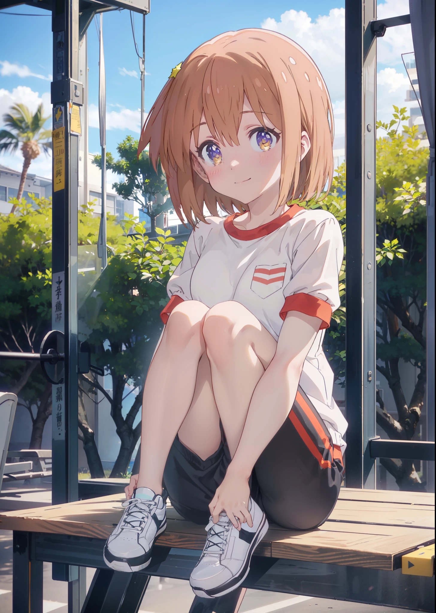 Mira Konohata, evening,Sunset sky,Seaside,orange clouds,Check it out, short hair, bangs, orange hair, (Purple eyes:1.2),(Gym clothes with short sleeves:1.5), Gymnastics, (Girl wearing gym clothes), (Girl in gym clothes), Sportswear, Blue_Shorts, White knee-high socks,sit down,sitting,White_sneakers, White_sports boots,Daytime,Clear skies,Palm tree,Walking,smile,Close your mouth,blush,whole bodyがイラストに入るように,Focus on shoes,
BREAK outdoors, tropical,Tropical,Coastal Road,
BREAK looking at viewer, whole body,
BREAK (masterpiece:1.2), Highest quality, High resolution, unity 8k wallpaper, (figure:0.8), (Beautiful attention to detail:1.6), Highly detailed face, Perfect lighting, Highly detailed CG, (Perfect hands, Perfect Anatomy),