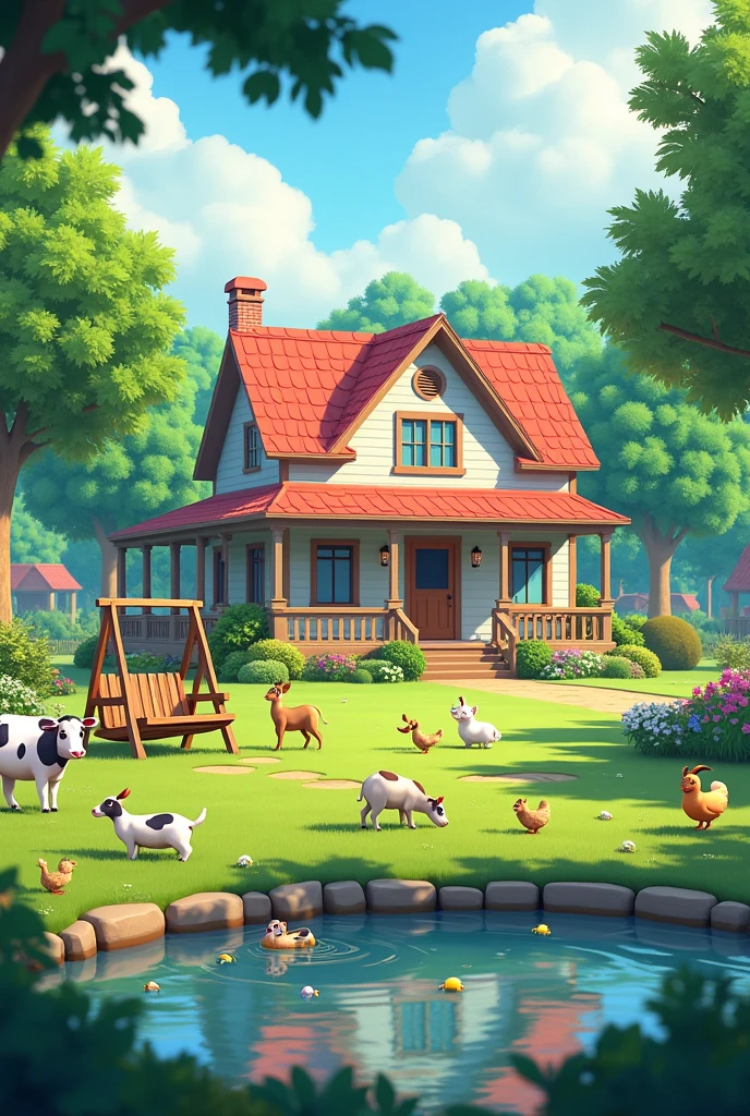 Beautiful normal' House with gardan & in garden beautiful naturel fish pond with morden swing & all around animals like cow, goat ,rabbit , chicken , duks, realistic animation