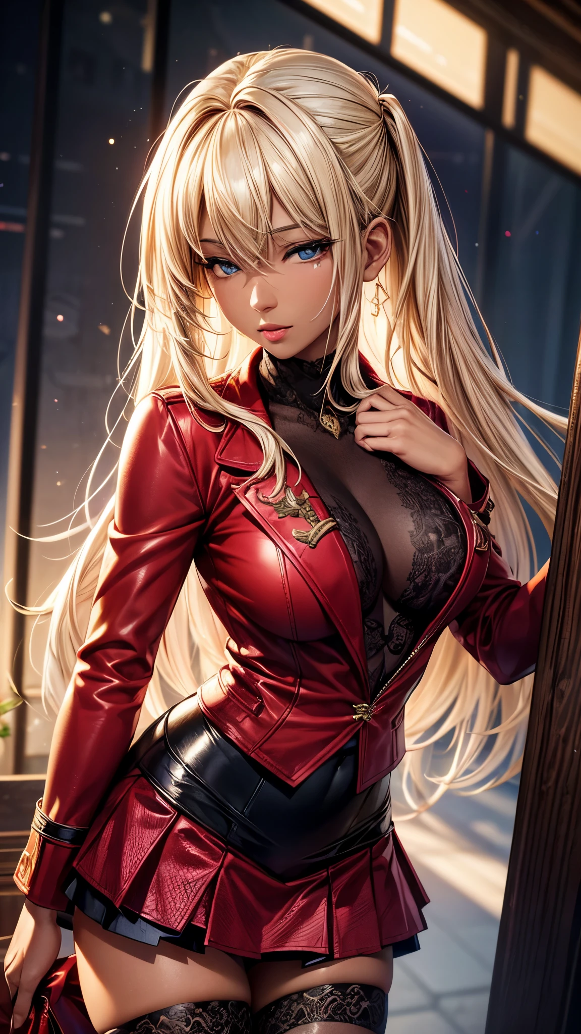 masterpiece, 最high quality, high quality, High resolution, high quality texture, high quality shadow, High Detail, Beautiful details, Detailed, Extremely detailed CG, Detailedテクスチャー, a Realistic representation of the face, Realistic, colorful , delicate, Cinematic Light, Side light, Lens flare, Ray Tracing,tailed beautiful delicate face, detailed beautiful delicate eyes,Beautiful eyes, beautiful hair, nice lips, beautiful face, blonde hair, dark skin, red jacket (Black tight skirt) Fishnet tights  
