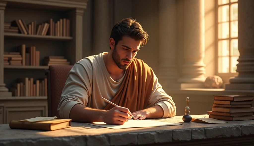 In a grand Roman study, the young Stoic philosopher sits at a stone table covered with parchment, ink, and a quill. His expression is one of thoughtful consideration as he reviews a scroll. The tunic slips off his shoulder, accentuating his powerful form as he writes notes, representing his plan to improve his skills and grow from setbacks. Behind him, shelves filled with scrolls and books hint at a life of study and wisdom. A golden hour light streams through the window, casting a warm glow over the room, symbolizing hope and the potential for growth.