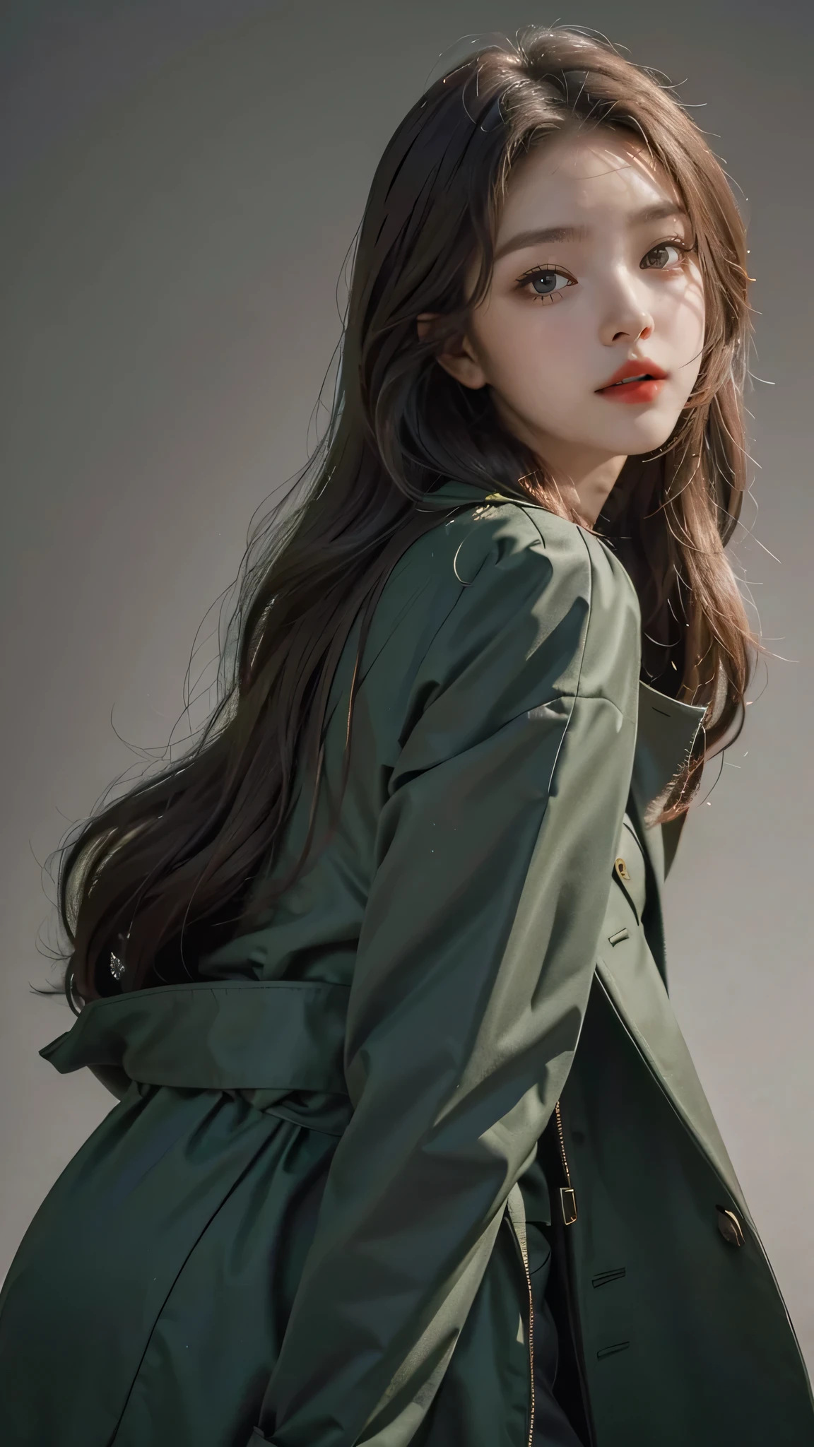 Girl wearing, luxury green coat, shoulder length hair, wavy hair, glowing skin, star in eye, red lips, grey background, cute poses.