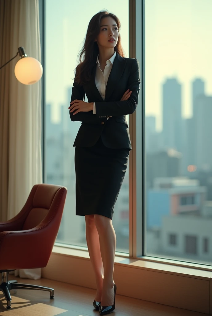 1980s japanese career woman, beautiful young woman, attractive, perfect makeup, elegant secretary, detailed face, beautiful eyes and lips, porcelain skin, long hair, business suit, pencil skirt, high heels, office setting, window, city skyline, photorealistic, 8k, highly detailed, cinematic lighting, warm color tone