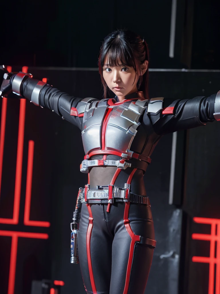 masterpiece, Highest quality, Very detailed, Japanese Android girl, Beautiful 2 Japanese woman, Plump,Slightly thicker,Control panel,Android,cyborg,Blunt bangs,black and red bodysuit,Thick harness belt,((Crucifixion)),torture,slave,((クロスにCrucifixionにされた女性:1.5)),Crucifixion刑, Type X,