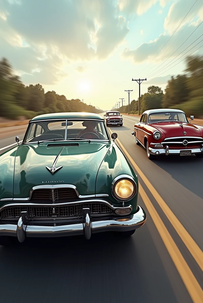 Three vintage cars and vans coming towards me without background