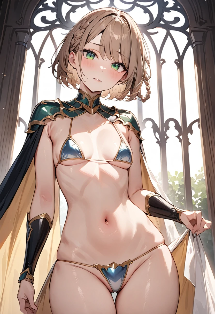 (masterpiece, top quality, very aesthetic, 4k、illustration), ()、intricate detail, 1woman,solo,contrapposto 、(gradient eyes、tareme)、、very short hair、parted bangs,Fair skin,(cowboy shot)、beautiful women、clear face、、(micro bikini armor),beautiful face、(gradient hair)、(braid light brown hair)、sidelock ,,green eyes、Warrior 、bikini armor、small breasts、slender 、Abd、Cape