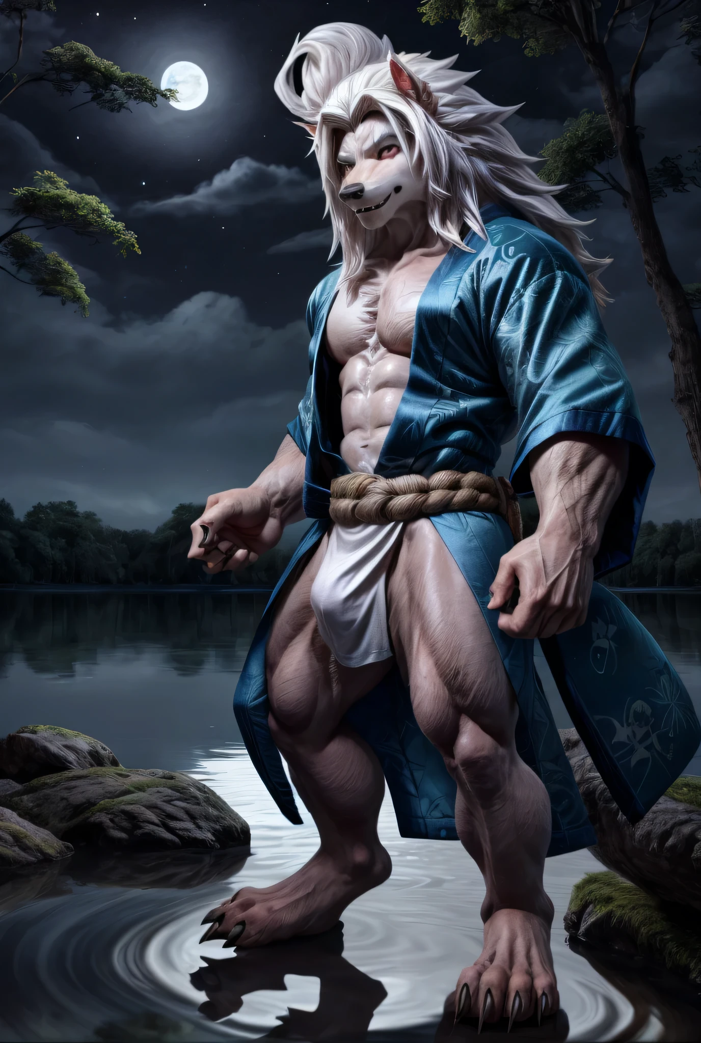 White long haired werewolf , Open kimono , Thin and black body , White belly , White Face , Large bulging crotch , White Japanese loincloth , Gentle eyes, Standing posture , lure , Moonlit lakeside