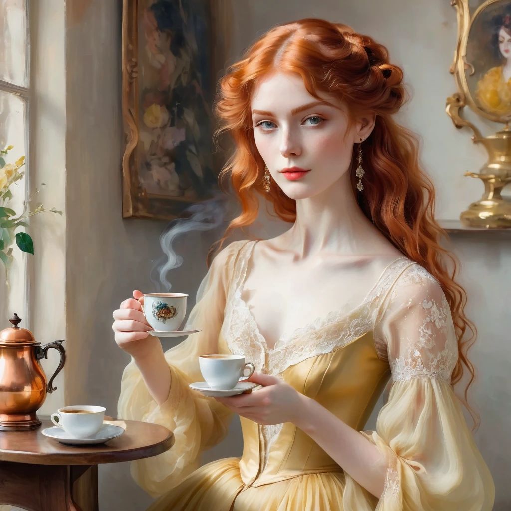 Girl with long wavy red bright hair, brews coffee in a copper cezve, She is wearing a pale yellow transparent chiffon dress and, lace, the style of the artist John Singer Sargent, eye contact, 8 K,12K,