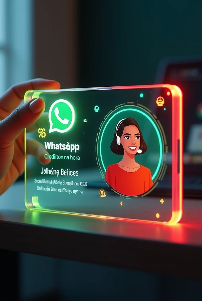 Create a glass personal business card of a WhatsApp profile placed on a black desk, At the top of the card a phrase in the Spanish language that says CREDITO NA HORA and that shows the large WhatsApp logo, create a 3d illustration of a short haired latina girl, You must wear a red blouse and a white headset. The girl's photo will be in a circle with the name of the WhatsApp social network user Johana in black below the profile photo and WhatsApp message bubbles., WhatsApp card glows red and yellow on the edge. In one corner is the one held with two fingers.