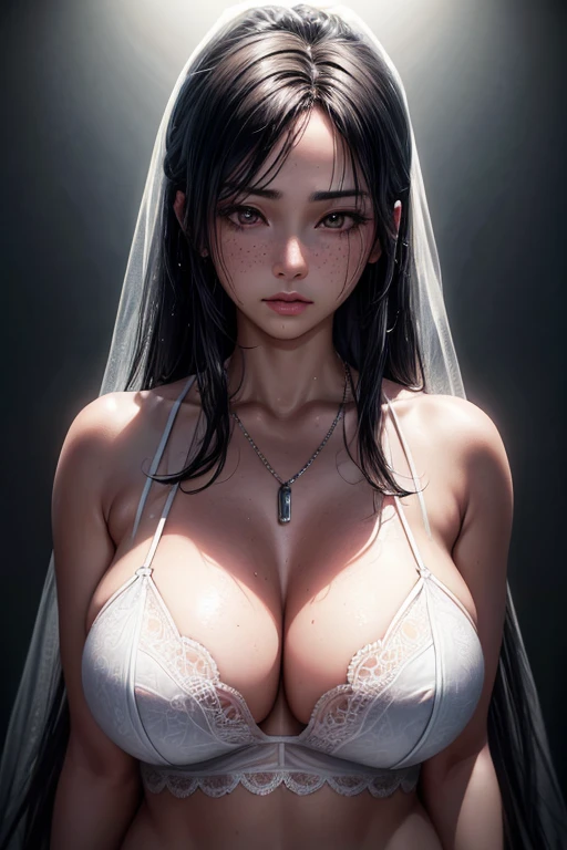Kaori, Single model, solo, half Asian, half Latino, very long straight black hair, high ponytail, freckles, blushing, wet eyes, long chain pendant, very large heavy breasts, chubby, belly, stretchmarks, white lace bridal lingerie (best quality,4k,8k,highres,masterpiece:1.2),ultra-detailed,(realistic,photorealistic,photo-realistic:1.37),detailed portrait, cinematic lighting, natural skin texture, intricate details, dramatic colors, moody atmosphere, seductive pose, skintight white sportswear