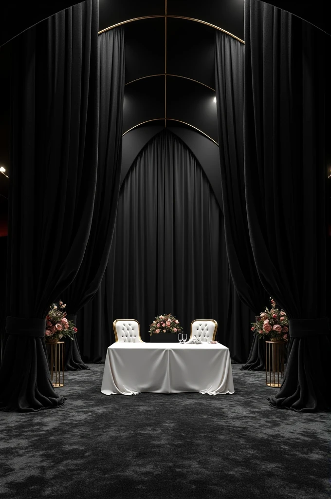 Genoretor a picture of tent of marriage function with black theme with black roof and carpet with white table and chairs 