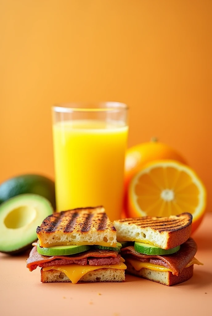 Orange juice. Meat panini with avocado