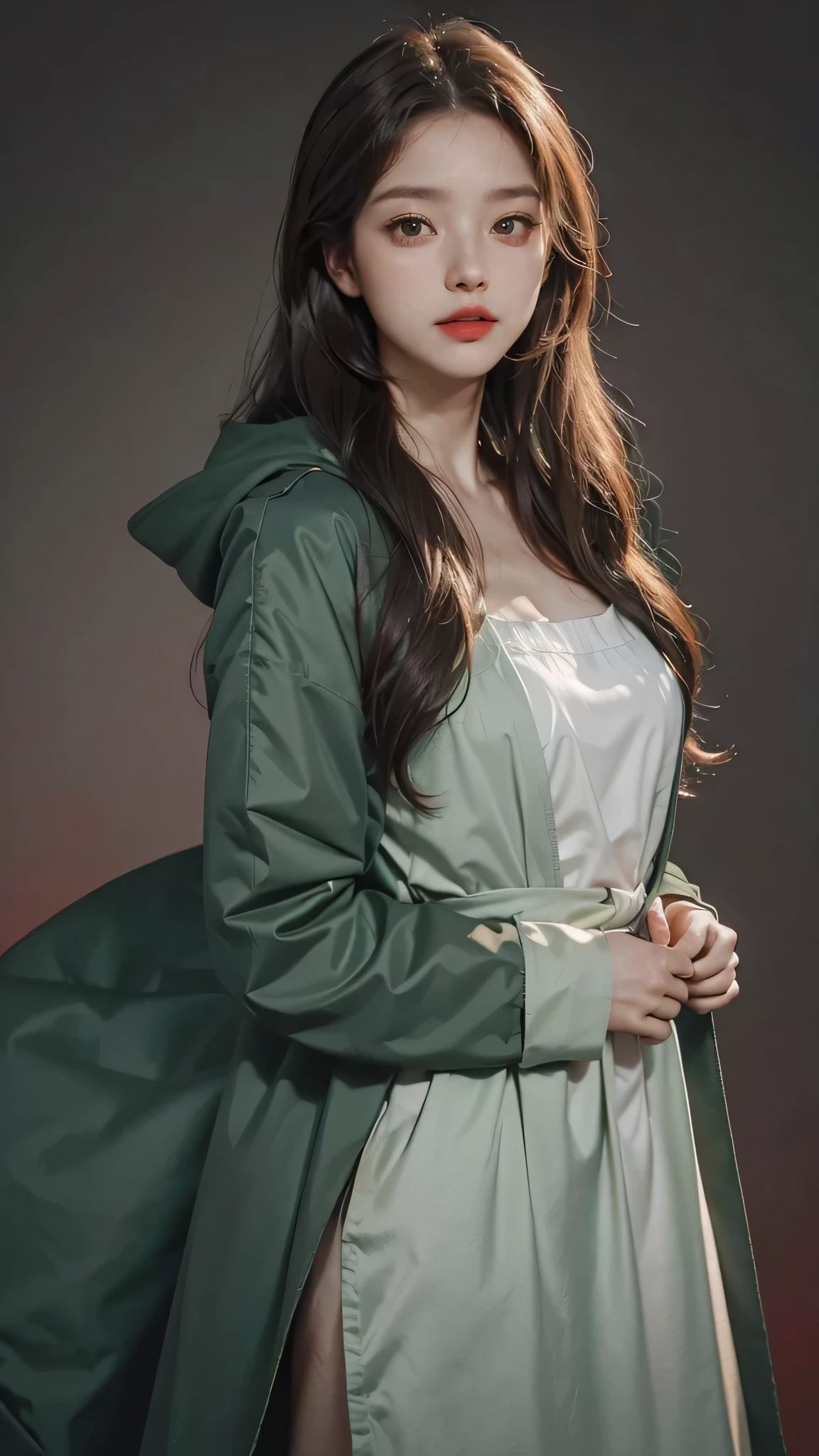 Girl wearing, luxury green coat, shoulder length hair, wavy hair, glowing skin, star in eye, red lips, grey background, cute poses.