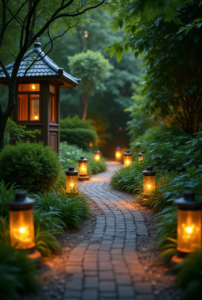 8k, RAW photo, Fujifilm, style photo: pathway lights for outdoor garden