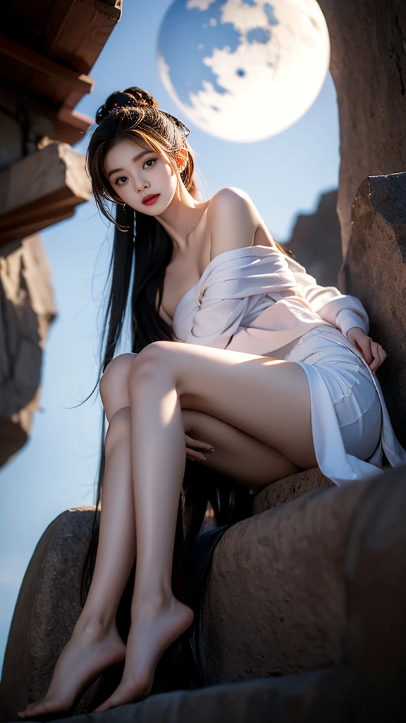 gufeng,Bare shoulders, best quality:1.2), 1 Girl, Solitary, ((gufeng,Bare shoulders)), On the top of the mountain,moonlight,((night)), ((whole body)), ((From below)), ((Sitting, Sitting on the edge of a cliff)), Heroine Image,Slender sexy legs,Very beautiful legs,Leaking sexy legs,Large Breasts,beauty, mystery。脸庞beauty精致,Otherworldly beauty。The bridge of the nose is straight,Cherry lip color,Confident and calm。Well-defined facial contours,Skin like jade,Light and delicate makeup,Show her temperament and charm。Light foundation, Skin transparency,Perfect eyebrow shape,Eye Makeup,Eyeshadow,Eyeliner,Brighter eyes、Energetic。涂上grace的口红,Charm and sophistication。衣服grace别致,Clothes fluttering,Blown up by the wind,Drifting away。grace,Swinging action。Hair tied haphazardly behind the head,Secure with a jade hairpin,Strands of hair fluttering gently in the wind,一道beauty的风景线,Attract attention。beauty、grace、mystery