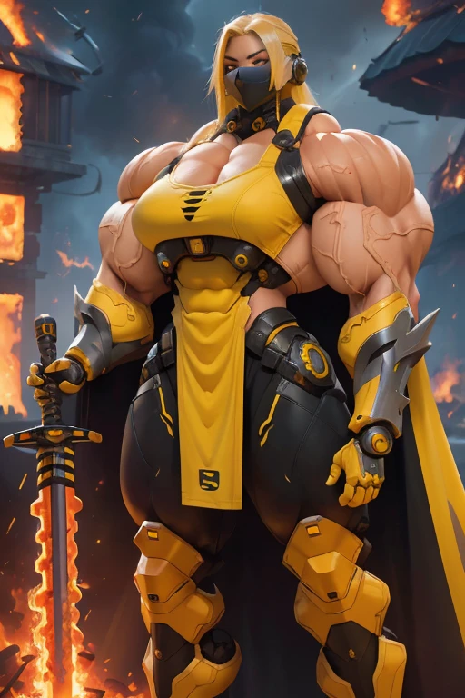 (((Close-up))), tall, (yellow hair), beautiful muscular latino cybernetic female ninja, (long flowing hair), black lipstick, brown skinned, closed smile, large breast, (massive muscles), (hyper muscle), (((ginormous bulky muscles))), gray eyes, (ninja mask), ((yellow cybernetic ninja armor suit)), (yellow cape), ((yellow cybernetic ninja armor pants)), choker, cybernetic boots, ((holding a massive fire sword)), (in front of a burning castle), 