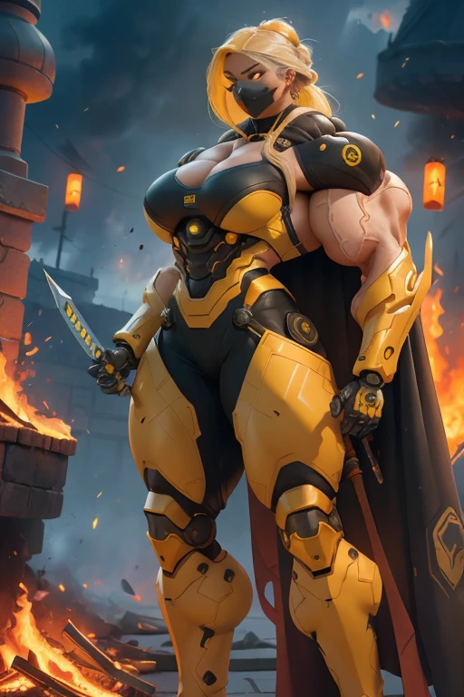 (((Close-up))), tall, (yellow hair), beautiful muscular latino cybernetic female ninja, (long flowing hair), black lipstick, brown skinned, closed smile, large breast, (massive muscles), (hyper muscle), (((ginormous bulky muscles))), gray eyes, (ninja mask), ((yellow cybernetic ninja armor suit)), (yellow cape), ((yellow cybernetic ninja armor pants)), choker, cybernetic boots, ((holding a massive fire sword)), (in front of a burning castle),