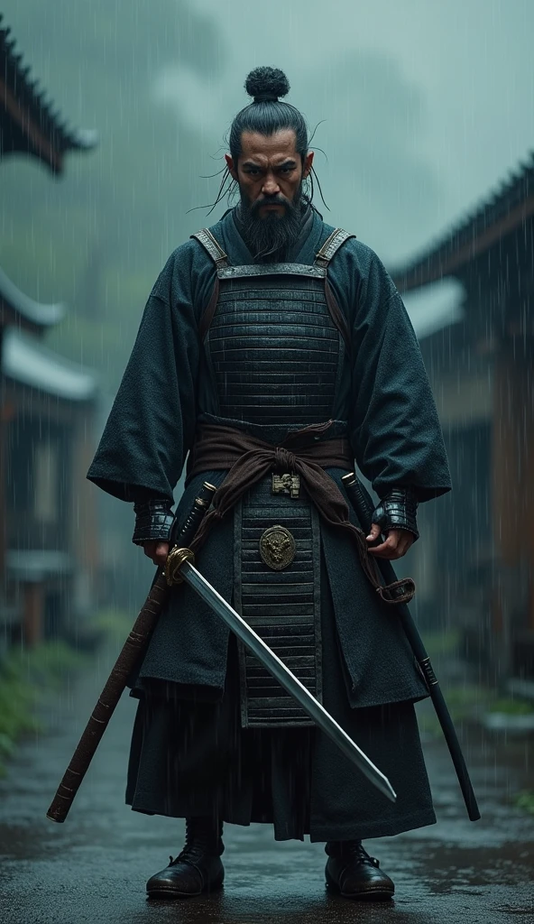 A solemn image of a samurai standing in the rain, his katana pointed downward in front of him, showing unwavering dedication, UHD, dramatic lighting, realistic rain effects.