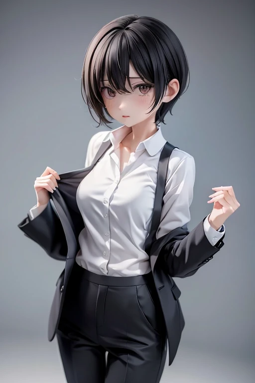 older sister、bra、cool、slender、Black Hair,、Short Hair、In a suit、Dress shirt、pants、Half-dressed、Undressing
