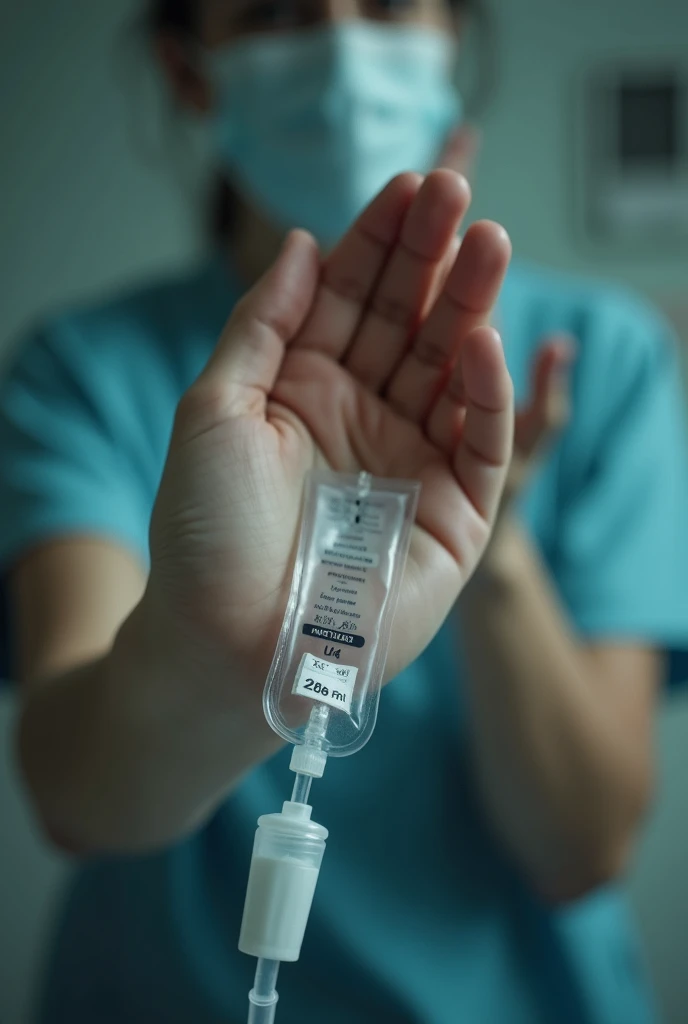 Make a point of view picture of a girl's hand that has a dextrose. She admitted because of low blood pleasure and a flu. Just make it sure the point of view is from a girl, and show only in the picture that her hand has a dextrose
