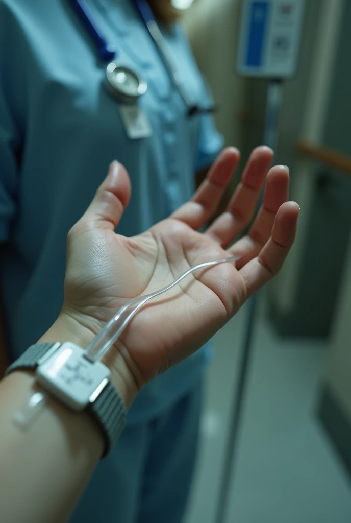 Make a point of view picture of a girl's hand that has a dextrose. She admitted because of low blood pleasure and a flu. Just make it sure the point of view is from a girl, and show only in the picture that her hand has a dextrose