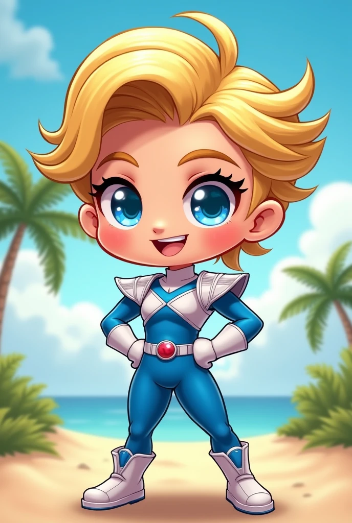 Chibi, fitnes girl, sexy, cute, smile, blue eyes, sunnny day, power rangers blue white latex clothes, ombreira, yellow hair, thicc,cartoon,